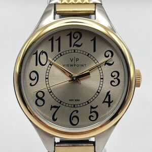 Viewpoint Women's Easy Reader Watch 30mm Two Tone Stretch Band New Battery 6.5"